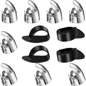 12Pcs Thumb Picks Set Adjustable Banjo Picks 8Pcs Stainless Steel Finger Picks,4 Pcs Plastic Black Mountain Thumb Pick for Harp,Bass Pick,Guitar (Silver, Black)