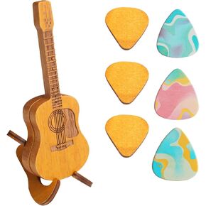 Wooden Guitar Pick Box with Stand 6PCS Unique Guitar Picks Guitar Pick Holder Box Musician Engraved Wooden Plectrum Case Acoustic Guitar Box for Electric Bass Guitar Ukulele Lover