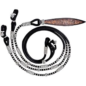 Black Rope with White Knots Raw Hide Leather Horse Tack Hand-Braided Romal Romel Reins Hand Carved Leather Popper Ranch Rope/Rope Reins