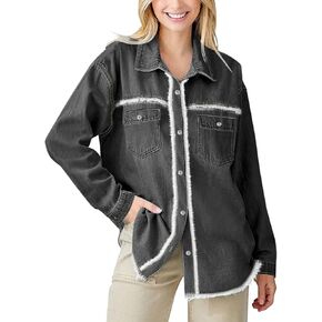 Paintcolors Women's Button Down Denim Shirt Oversized Long Sleeve Casual Frayed Pocket Work Blouses Chambray Tops Jacket