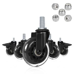 Hirate 3" Caster with 3/8"-16UNC Threaded Stem(2 Casters with Brake Lock, 3 without), Heavy Duty Swivel Stem Casters with Lock Nuts for Hardwood Tile Carpet Floor