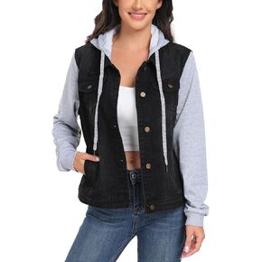 J.Corrine Women's Classic Casual Hooded Denim Jacket Drawstring Layered Jean Jacket Sweatshirts w 2 Pockets