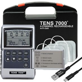 TENS 7000 Rechargeable Tens Unit Muscle Stimulator, Back Pain Relief, 4 Electrodes/Unit Pads, Period Pain TENS Machine, Muscle Recovery & Growth, Stim Machine, Electrotherapy, 4 Channels, 8 Modes