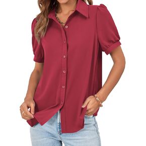 Cicy Bell Women's Puff Short Sleeve Shirts Button Down Work Business Casual Top Blouses