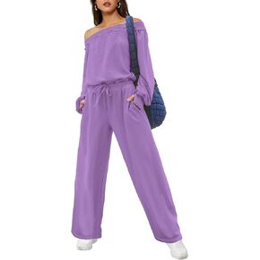LAMISSCHE Womens Oversized Long Sleeve Jumpsuit with Pockets Off The Shoulder Romper Casual Onesie Outfits