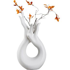 VECELO Minimalist White Ceramic Vase for Home Decor, Modern White Vases for Centerpieces, Hand Shaped Flower Vase for Entryway, Living Room, Shelf, Bedroom, Mantels, Dining Table