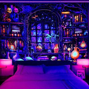 Invoibler Blacklight Bookshelf Tapestry UV reactive Magic Books Tapestries Fantasy Stars Galaxy Tapestry Gothic Skull Wall Hanging for Bedroom Dorm Home Decor(51.2 x 59.1 inches)