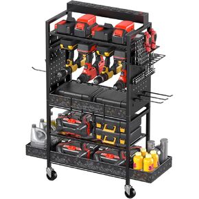 CCCEI Garage Power Tools Organizer Cart with Charging Station, Black Floor Standing Rolling Drill and Tools Battery Storage Cart on Wheels. Utility Rack Gift for Men, Husband, Father.