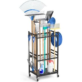 Garden Tool Organizer with Wheels, Yard Tool Tower rack for Garage Organization and Storage, Up to 35 Long-Handled Tools, Sturdy Metal Steel Tool Holder with 3 Hooks, Outdoor, Black