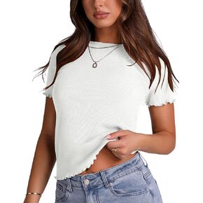 LOMON Women's Crew Neck Short Sleeves T Shirts Ribbed Fitted Summer Basic Tees Lettuce Trim Going Out Crop Tops in Kuwait