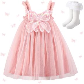 Layered 3D Butterfly Tutu Dress 1-6Years Toddler Girls Sleeveless Tulle Butterfly Wing Fairy Dress with Socks