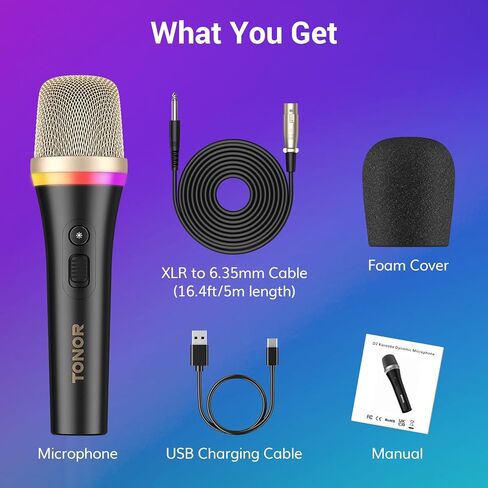 ميكروفون الكاريوكي الديناميكي TONOR RGB للغناء مع كابل 5M XLR، ميكروفون سلكي محمول باليد XLR، متوافق مع آلة الكاريوكي/مكبر الصوت/أمبير/خلاط لغناء الكاريوكي والكلام والأنشطة الخارجية in Kuwait