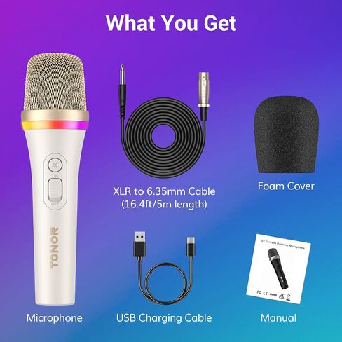 TONOR RGB Dynamic Karaoke Microphone for Singing with 5M XLR Cable, XLR Handheld Wired Microfono, Compatible with Karaoke Machine/Speaker/Amp/Mixer for Karaoke Singing, Speech, and Outdoor Activity in Saudi Arabia