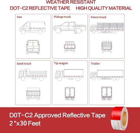 شريط عاكس DOT-C2، أشرطة عاكسة DOT مقاس 2 بوصة × 30 قدم شريط عاكس لاصق أحمر وأبيض مقاوم للماء لشاحنات السيارات المقطورة في الهواء الطلق in Saudi Arabia