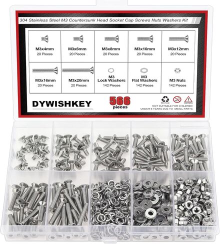 360 Pieces M2.5 x 4mm/6mm/8mm/10mm/12mm/16mm/20mm/25mm, Stainless Steel 304 Hex Socket Head Cap Bolts Screws Washers Nuts Kit with Hex Wrench in Saudi Arabia