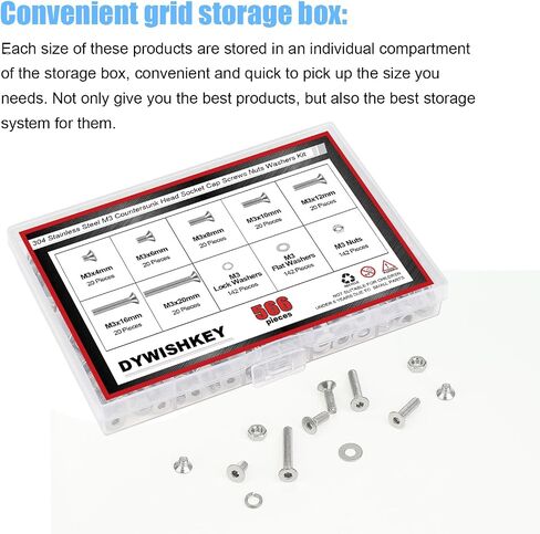 360 Pieces M2.5 x 4mm/6mm/8mm/10mm/12mm/16mm/20mm/25mm, Stainless Steel 304 Hex Socket Head Cap Bolts Screws Washers Nuts Kit with Hex Wrench in Saudi Arabia