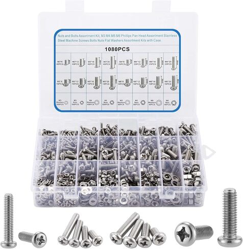 1040Pcs Nuts and Bolts Assortment Kit, M3/M4/M5/M6 304 Stainless Steel Metal Screws Kit, Phillips Drive Pan Head with Flat Washers Screw Assortment in Saudi Arabia