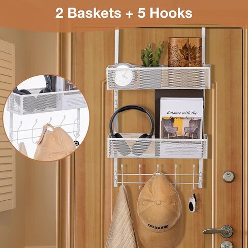 منظم خطافات فوق الباب، رف معطف مع 5 خطافات وسلتين شبكيتين، منظم تخزين خلف الباب للحمام وغرفة النوم والمطبخ والمكتب (أسود) in Kuwait