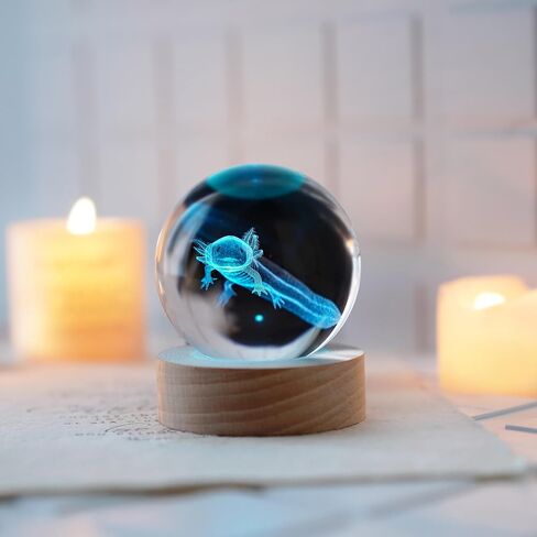 كرة كريستال Axolotl ثلاثية الأبعاد مع قاعدة إضاءة LED ملونة مقاس 2.3 بوصة كرات زجاجية مزخرفة من Axolotl وزن الورق مع حامل مصباح خشبي مجال زجاجي هدية ديكور المنزل in Kuwait