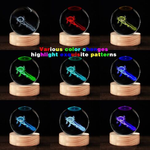 كرة كريستال Axolotl ثلاثية الأبعاد مع قاعدة إضاءة LED ملونة مقاس 2.3 بوصة كرات زجاجية مزخرفة من Axolotl وزن الورق مع حامل مصباح خشبي مجال زجاجي هدية ديكور المنزل in Kuwait