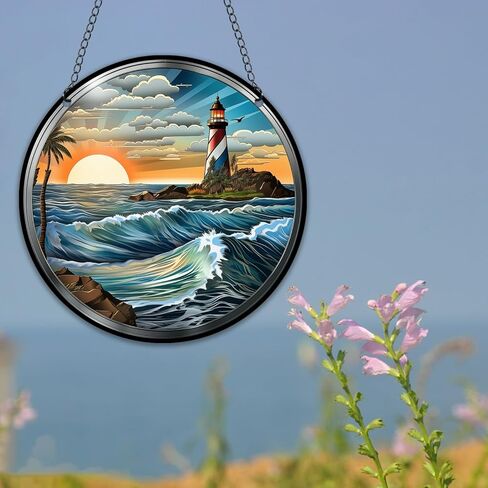المنارة نافذة الشنق الاكريليك البحر شروق الشمس مشهد suncatcher الزجاج الملون لوحات الحائط ديكور للداخلية، هدية مثالية لمنزل جديد ديكور المنزل لأمي الجدة زوجة المعلم in Saudi Arabia