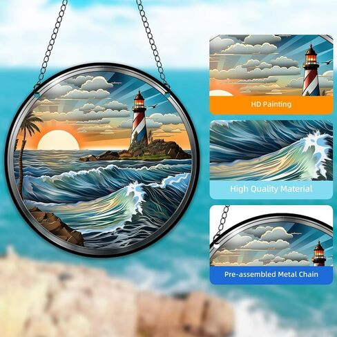 المنارة نافذة الشنق الاكريليك البحر شروق الشمس مشهد suncatcher الزجاج الملون لوحات الحائط ديكور للداخلية، هدية مثالية لمنزل جديد ديكور المنزل لأمي الجدة زوجة المعلم in Saudi Arabia
