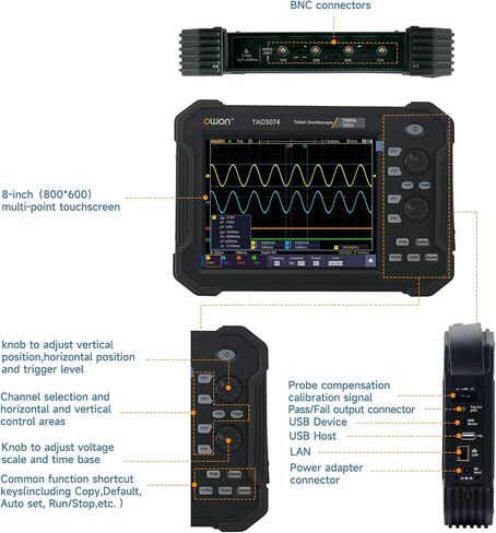 راسم الذبذبات الرقمي المحمول OWON TAO3102 2CH 8 بوصة مع عرض نطاق ترددي 100 ميجاهرتز ومعدل عينة 1GS/s، ومقياس متعدد رقمي 4 1/2 مع دقة عالية 8 بت ADC، SCPI، وLabVIEW مدعومة in Saudi Arabia