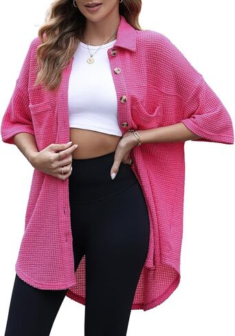 Dokotoo Womens Waffle Knit Tops Casual 3/4 Bell Sleeve Button Down Shirts Lapel V Neck Dressy Blouses with Pocket in Saudi Arabia