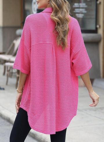 Dokotoo Womens Waffle Knit Tops Casual 3/4 Bell Sleeve Button Down Shirts Lapel V Neck Dressy Blouses with Pocket in Saudi Arabia