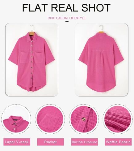 Dokotoo Womens Waffle Knit Tops Casual 3/4 Bell Sleeve Button Down Shirts Lapel V Neck Dressy Blouses with Pocket in Saudi Arabia