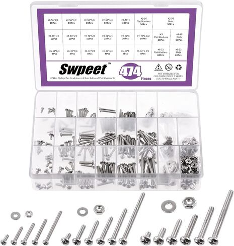 Swpeet 474Pcs #2-56#4-40#6-32 304 SAE Stainless Steel Phillips Pan Head Machine Screws and Nuts Bolts with Flat Washers Assortment Kit, Stainless Steel Screws Hardware Assortment for Home Use in Saudi Arabia