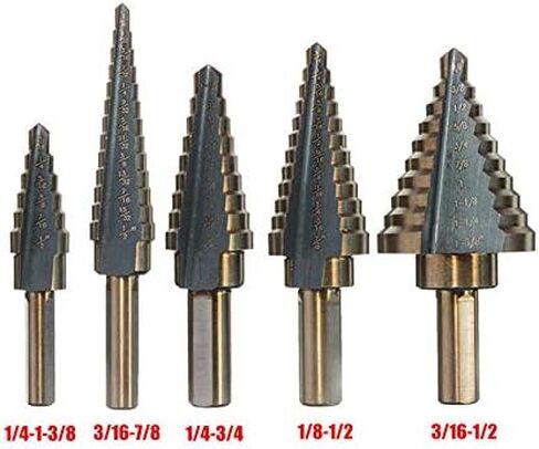 مجموعة رؤوس مثقاب من Meichoon 5 قطع 1/4-1-3/8" 3/16-7/8" 1/4-3/4" 1/8-1/2" 3/16-1/2"، بريطانية نظام مثقاب باغودا متعدد الوظائف على شكل مثلث مطلي بالتيتانيوم DC14 in Kuwait