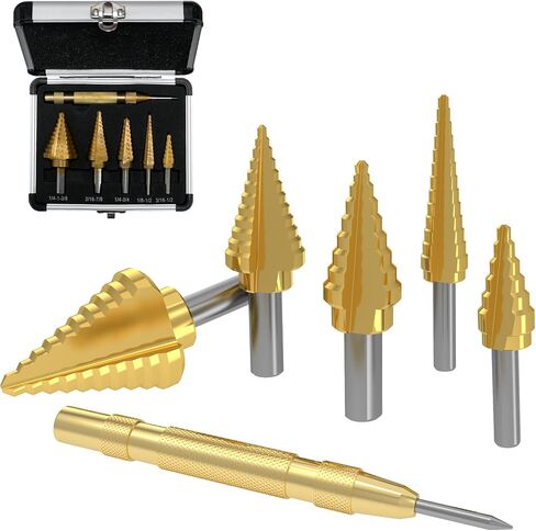 Step Drill Bit Set 5-Piece Titanium-Coated with Automatic Center Punch - Short Length, Double Cutting Blades, High-Speed Steel - Covering 50 Sizes, Complete with Aluminum Case in Saudi Arabia