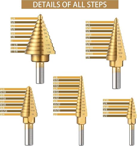 Step Drill Bit Set 5-Piece Titanium-Coated with Automatic Center Punch - Short Length, Double Cutting Blades, High-Speed Steel - Covering 50 Sizes, Complete with Aluminum Case in Saudi Arabia