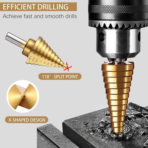 Step Drill Bit Set 5-Piece Titanium-Coated with Automatic Center Punch - Short Length, Double Cutting Blades, High-Speed Steel - Covering 50 Sizes, Complete with Aluminum Case in Saudi Arabia
