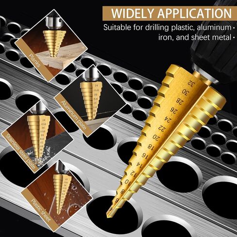 Step Drill Bit Set 5-Piece Titanium-Coated with Automatic Center Punch - Short Length, Double Cutting Blades, High-Speed Steel - Covering 50 Sizes, Complete with Aluminum Case in Saudi Arabia