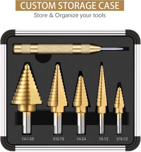 Step Drill Bit Set 5-Piece Titanium-Coated with Automatic Center Punch - Short Length, Double Cutting Blades, High-Speed Steel - Covering 50 Sizes, Complete with Aluminum Case in Saudi Arabia