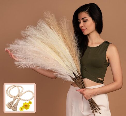Artificial Faux Pampas Grass 12Pcs 33" Tall WOOD BEAD Fake Pampus Branches Pompous Stems 3 Colors Decorative Wedding Boho pompas Home Décor Fluffy Vase Bouquets Small Plant flower Reed for Floor Table in Saudi Arabia