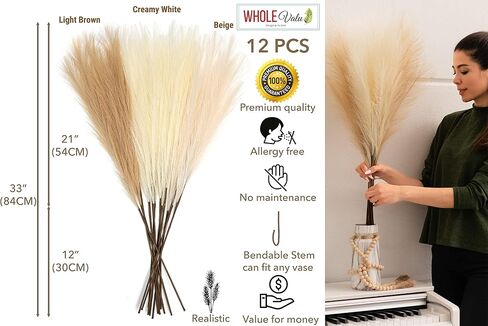 Artificial Faux Pampas Grass 12Pcs 33" Tall WOOD BEAD Fake Pampus Branches Pompous Stems 3 Colors Decorative Wedding Boho pompas Home Décor Fluffy Vase Bouquets Small Plant flower Reed for Floor Table in Saudi Arabia