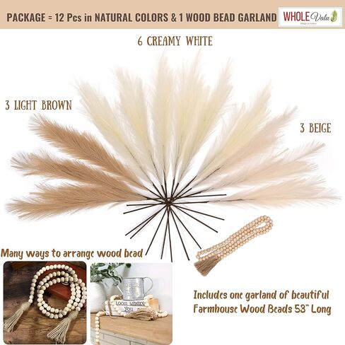 Artificial Faux Pampas Grass 12Pcs 33" Tall WOOD BEAD Fake Pampus Branches Pompous Stems 3 Colors Decorative Wedding Boho pompas Home Décor Fluffy Vase Bouquets Small Plant flower Reed for Floor Table in Saudi Arabia