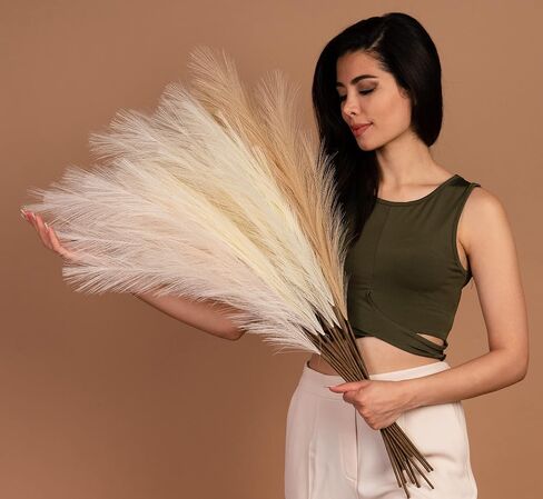 Artificial Faux Pampas Grass 12Pcs 33" Tall WOOD BEAD Fake Pampus Branches Pompous Stems 3 Colors Decorative Wedding Boho pompas Home Décor Fluffy Vase Bouquets Small Plant flower Reed for Floor Table in Saudi Arabia