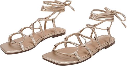 PiePieBuy Womens Lace up Strappy Sandals Criss-Cross Flat Gladiator Sandals Ankle Strap Square Toes Summer Shoes in Saudi Arabia