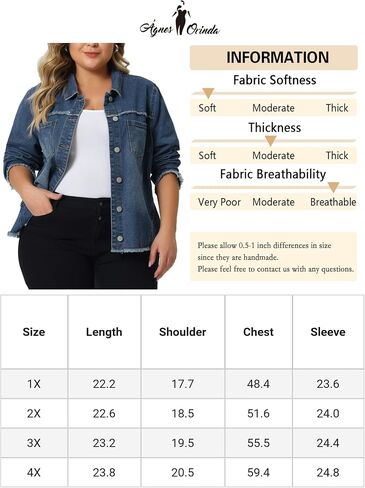 Agnes Orinda Plus Size Denim Jacket for Women Frayed Hem Classic Washed 2023 Denim Jean Jackets in Saudi Arabia