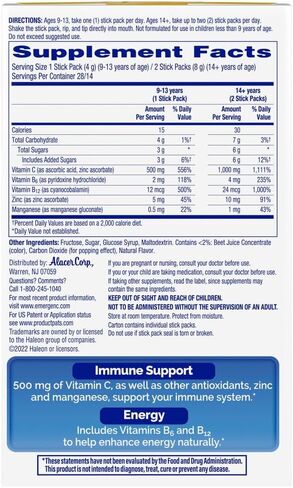 بلورات إيميرجين-سي، مكمل لدعم المناعة أثناء التنقل مع 500 مجم من فيتامين ج، وفيتامينات ب، والزنك والمنغنيز، وانفجار الفراولة، 28 عبوة لاصقة (عبوة من قطعتين) in Kuwait