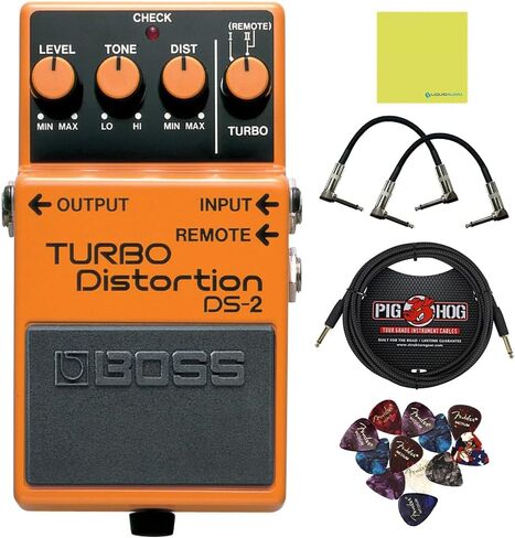 Boss DS-2 Turbo Distortion Pedal Bundle w/ 2-Pack Strukture S6P48 Woven Right Angle Patch Cable, Pig Hog PCH10BK "Black Woven" Instrument Cable, 12-Pack Guitar Pick and Liquid Audio Polishing Cloth in Saudi Arabia