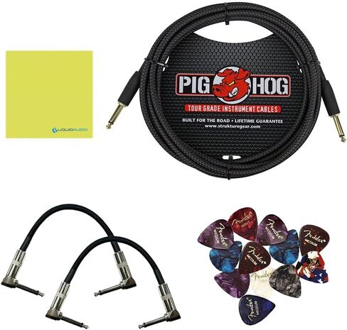 Boss DS-2 Turbo Distortion Pedal Bundle w/ 2-Pack Strukture S6P48 Woven Right Angle Patch Cable, Pig Hog PCH10BK "Black Woven" Instrument Cable, 12-Pack Guitar Pick and Liquid Audio Polishing Cloth in Saudi Arabia