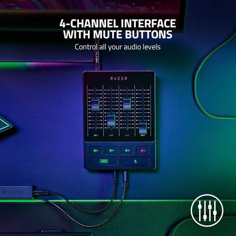 جهاز مزج الصوت من Razer: جهاز مزج البث/البث الكل في واحد - تصميم ذو 4 قنوات - XLR Preamp - إعدادات الصوت المدمجة ومعالجة الصوت - اتصال USB - التوصيل والتشغيل - Chroma RGB (متجدد) in Kuwait