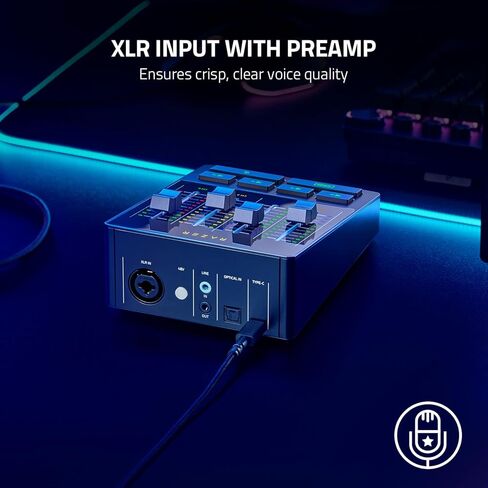 جهاز مزج الصوت من Razer: جهاز مزج البث/البث الكل في واحد - تصميم ذو 4 قنوات - XLR Preamp - إعدادات الصوت المدمجة ومعالجة الصوت - اتصال USB - التوصيل والتشغيل - Chroma RGB (متجدد) in Kuwait