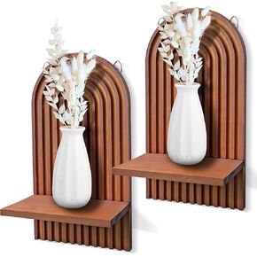 2 Pieces Boho Wall Shelf, Mid Century Shelves, Decorative Storage Unit, Decorative Bohemian Rainbow Hanging Shelves for Bathroom, Bedroom, Kitchen, Living Room, Laundry Room (Brown)
