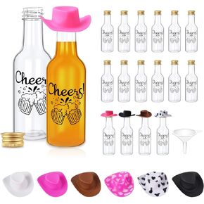 مجموعة AerWo 24 قطعة من زجاجات المشروبات الكحولية الصغيرة و24 قطعة من قبعات رعاة البقر الصغيرة، زجاجات كحول صغيرة محكمة الغلق 1.8 أونصة/50 مل، زجاجة بلاستيكية صغيرة، زجاجات نبيذ صغيرة مع قبعات وقمع ديكور رعاة البقر الغربي للحفلات in Kuwait